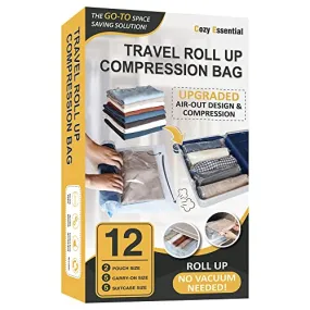 12 Travel Compression Bags, Roll Up Travel Space Saver Bags for Luggage, Cruise Ship Essentials (5 Large Roll/5 Medium Roll/2 Small Roll)