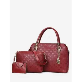 3 Pieces Embossing Chic Tote Bag Set - Chestnut Red