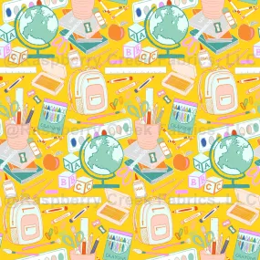 Back to school, classroom supplies, teacher's life, art supplies, fund and cheerful color, yellow background