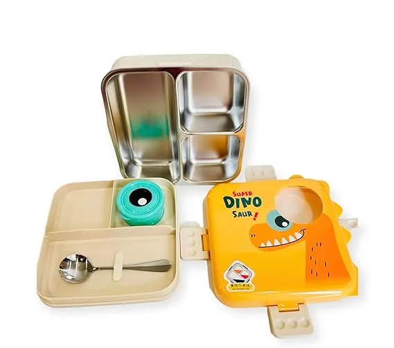 Dinosaur Printed 3 Compartment Stainless Steel Lunchbox