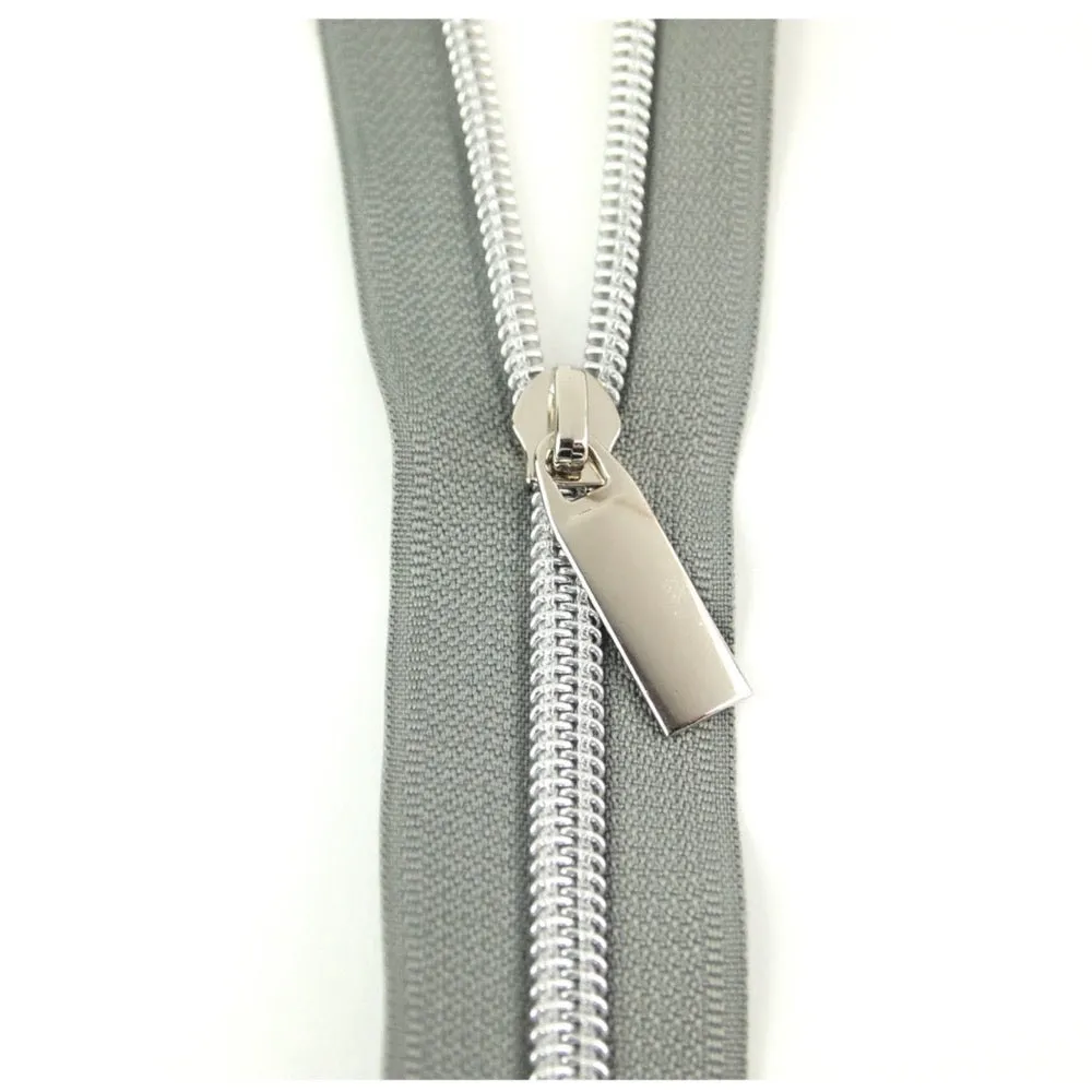 Grey #5 Nylon Coil Zipper: 3 yds with 9 pulls