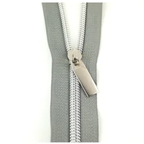 Grey #5 Nylon Coil Zipper: 3 yds with 9 pulls