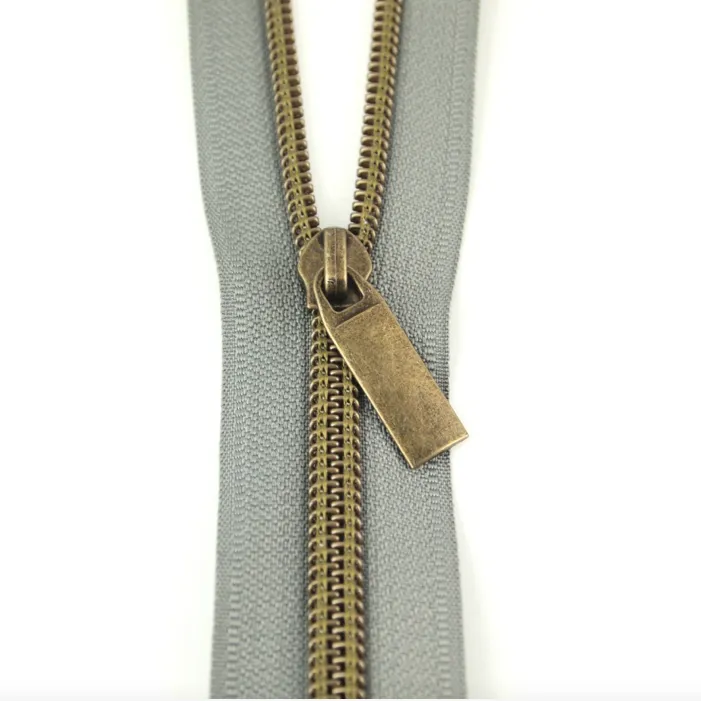 Grey #5 Nylon Coil Zipper: 3 yds with 9 pulls