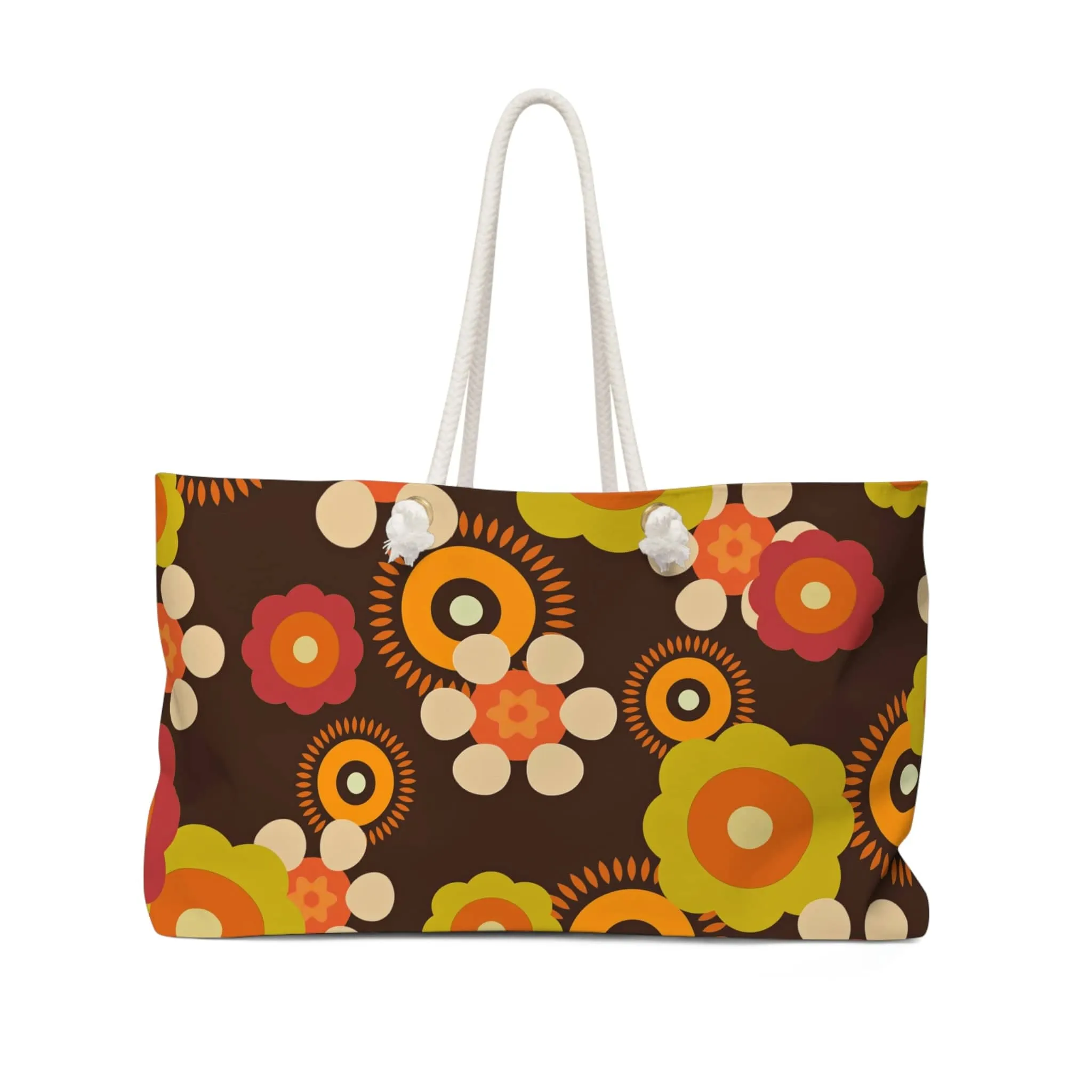 Hippie Beach Bag, Hipster Style Retro Groovy 70's Flower Power,  Brown, Orange, Green, Hipster Style Fun Colorful Travel Weekender Bag