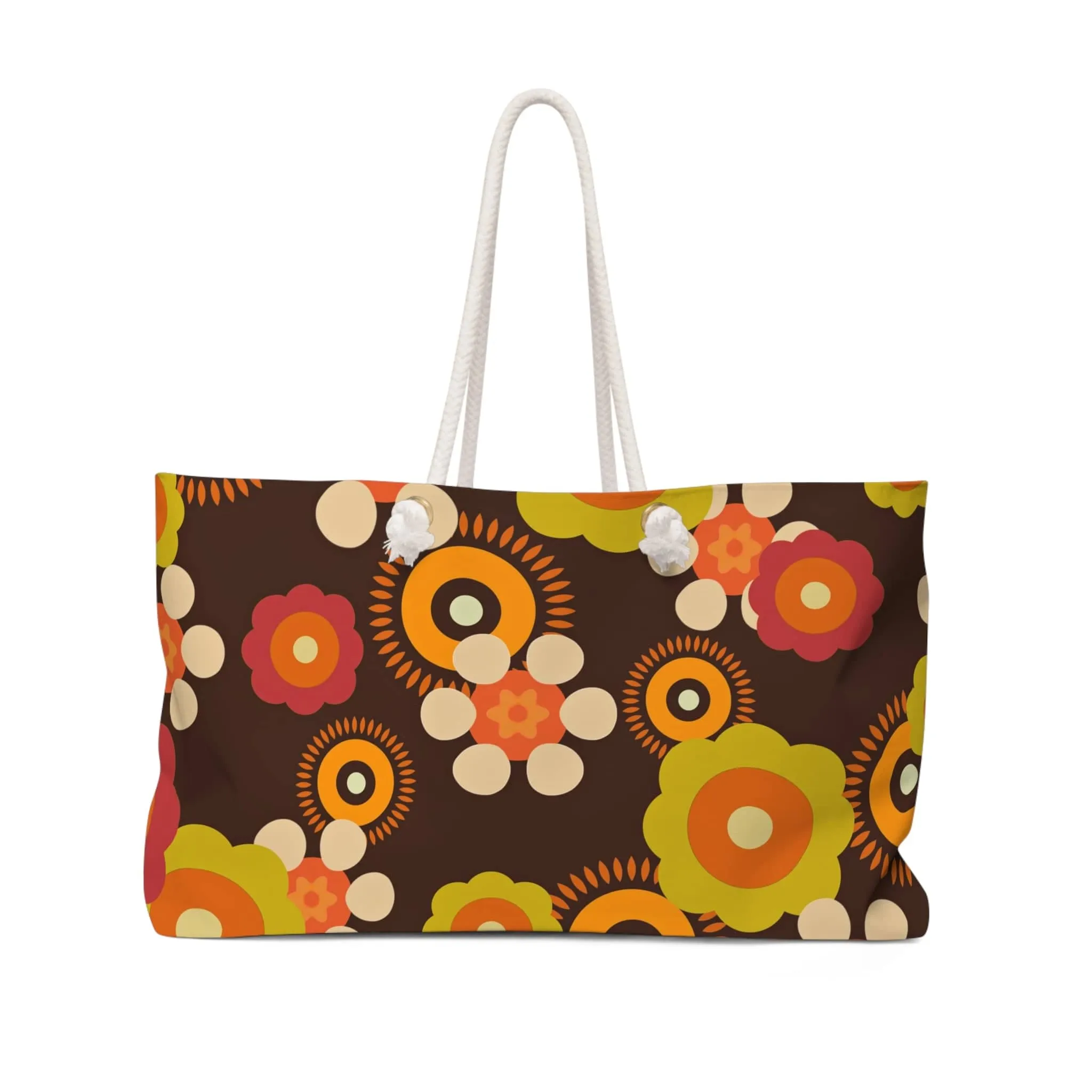 Hippie Beach Bag, Hipster Style Retro Groovy 70's Flower Power,  Brown, Orange, Green, Hipster Style Fun Colorful Travel Weekender Bag
