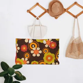Hippie Beach Bag, Hipster Style Retro Groovy 70's Flower Power,  Brown, Orange, Green, Hipster Style Fun Colorful Travel Weekender Bag