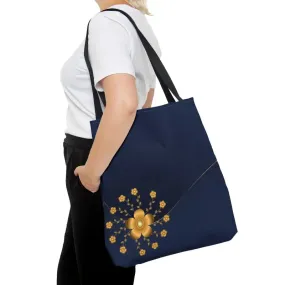 Navy Blue Tote Bag with Gold Flowers