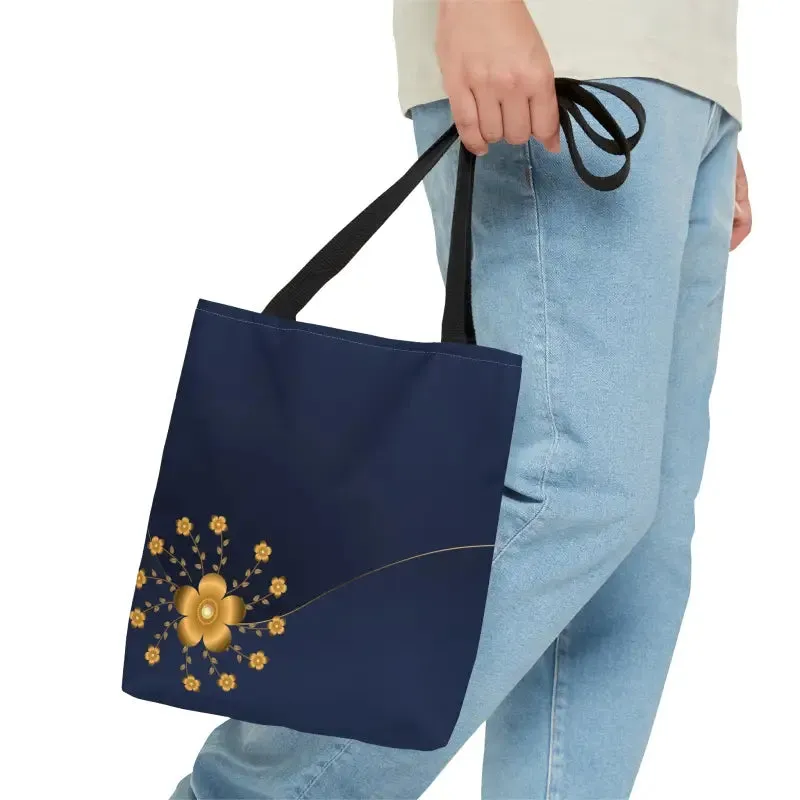 Navy Blue Tote Bag with Gold Flowers