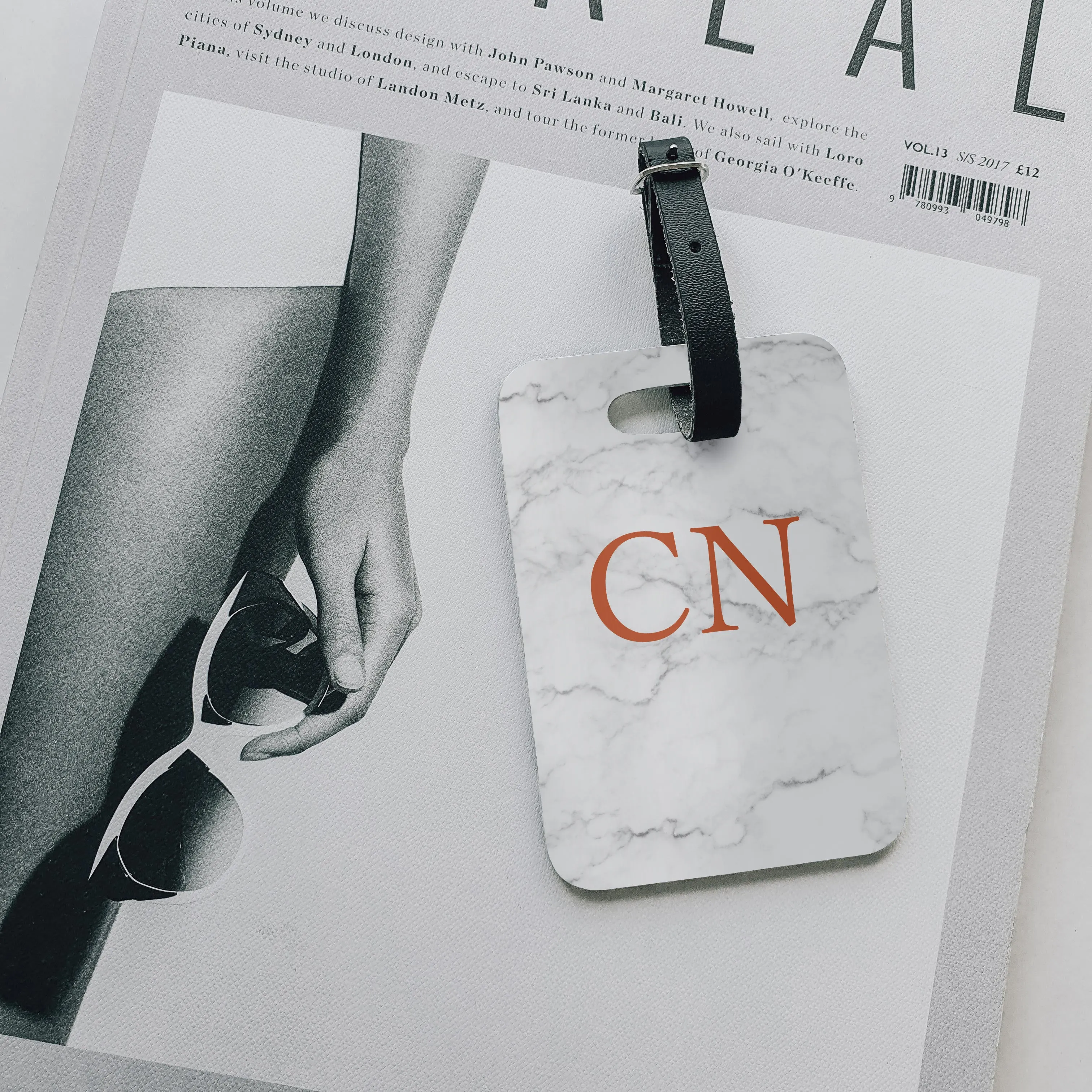 Personalised Luggage Tag | White Marble with Caramel Monogram