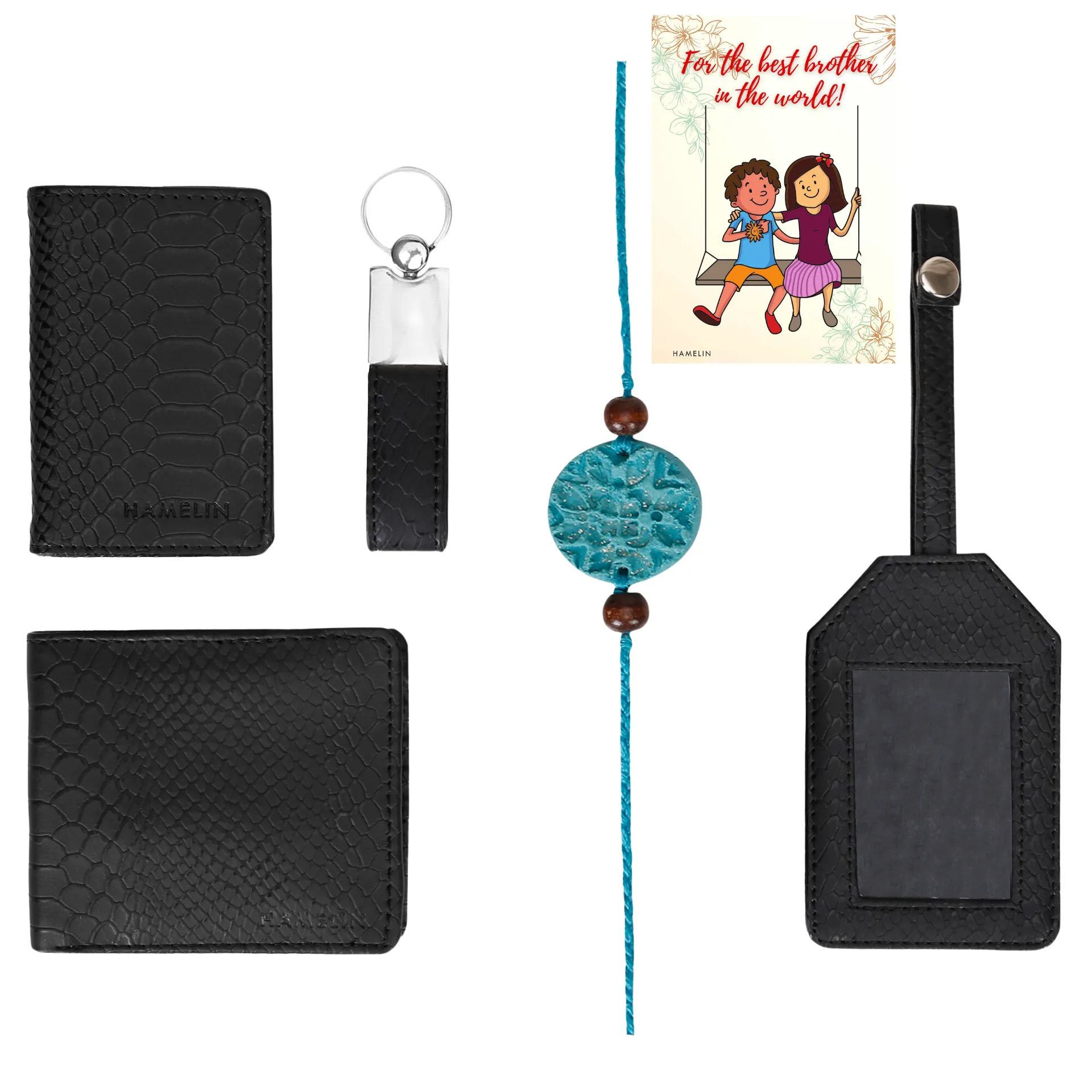 Rakhi Gift Set for Brother_ Essential (Mens Wallet, Mini Card wallet, Luggage tag, keychain,Florakhi, Happy Rakhi Card)