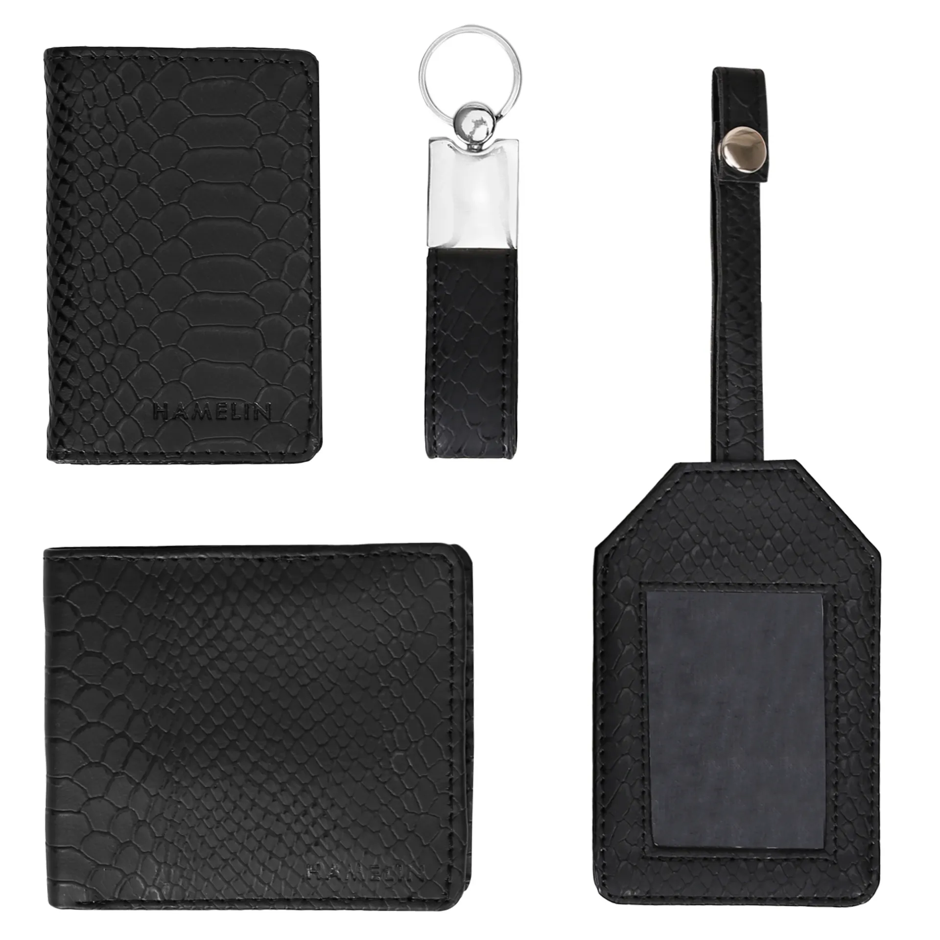 Rakhi Gift Set for Brother_ Essential (Mens Wallet, Mini Card wallet, Luggage tag, keychain,Florakhi, Happy Rakhi Card)