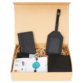 Rakhi Gift Set for Brother_ Essential (Mens Wallet, Mini Card wallet, Luggage tag, keychain,Florakhi, Happy Rakhi Card)