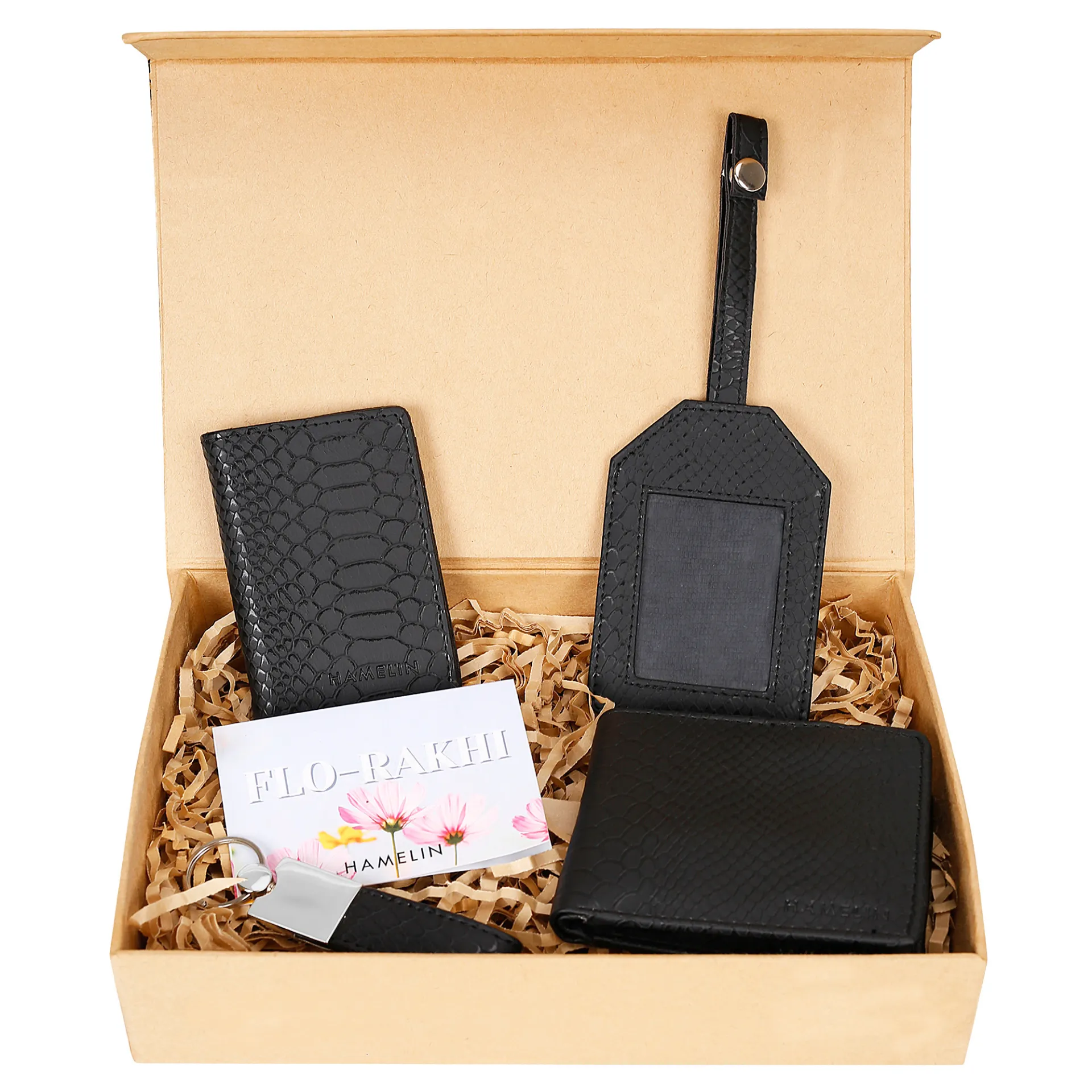 Rakhi Gift Set for Brother_ Essential (Mens Wallet, Mini Card wallet, Luggage tag, keychain,Florakhi, Happy Rakhi Card)