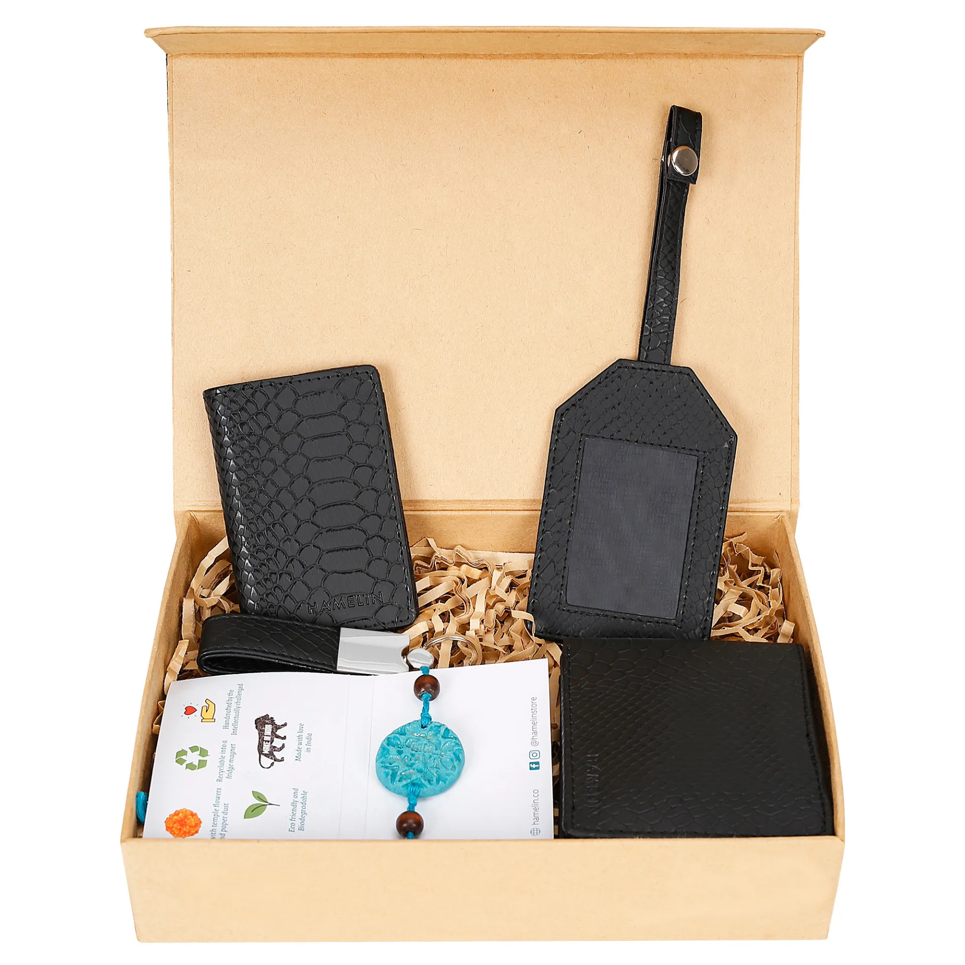 Rakhi Gift Set for Brother_ Essential (Mens Wallet, Mini Card wallet, Luggage tag, keychain,Florakhi, Happy Rakhi Card)