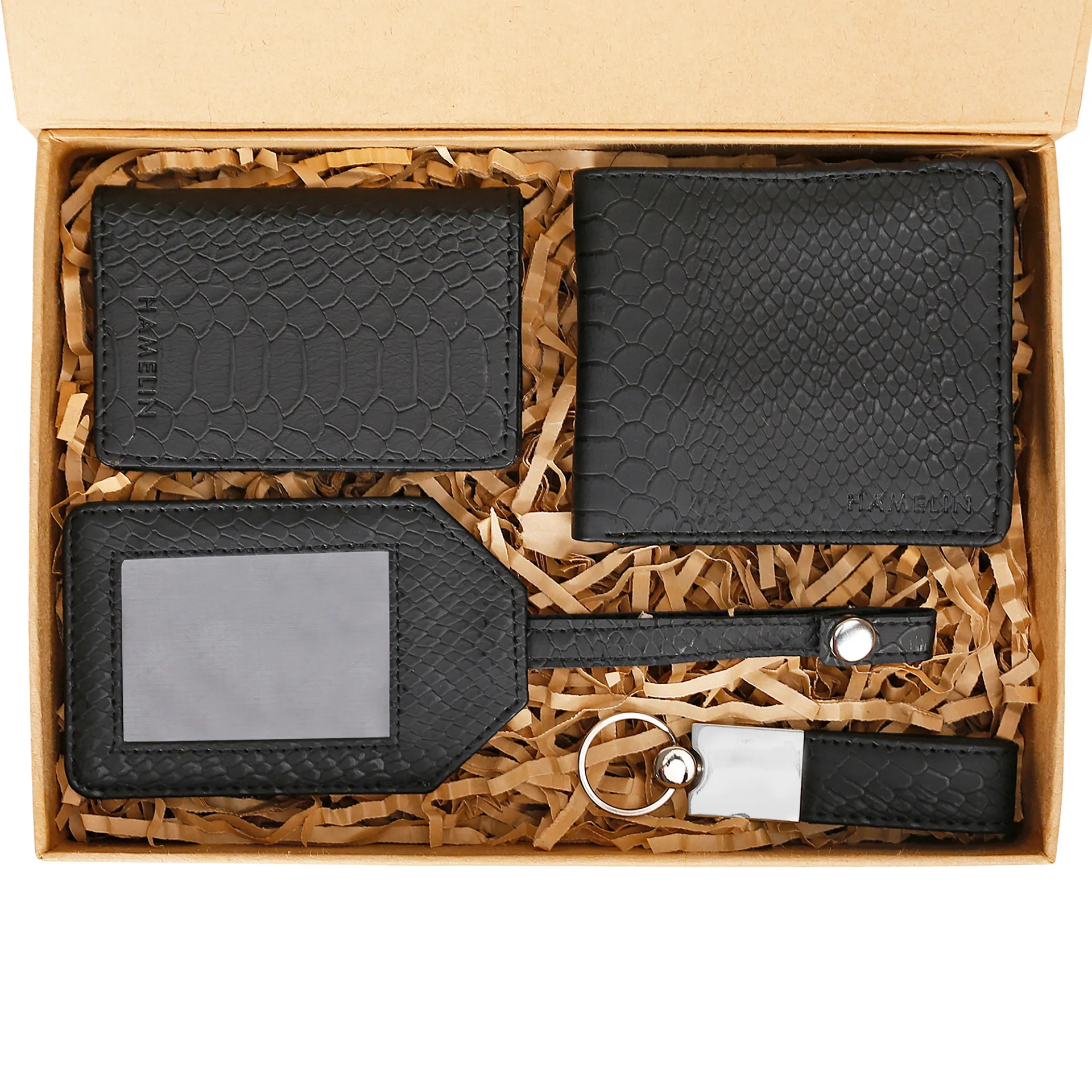 Rakhi Gift Set for Brother_ Essential (Mens Wallet, Mini Card wallet, Luggage tag, keychain,Florakhi, Happy Rakhi Card)