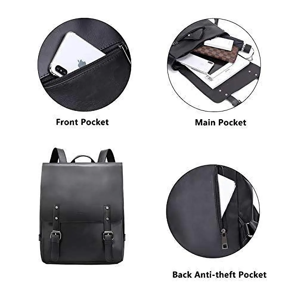 Zebella Womens Vegan Vintage Leather Backpack Faux Leather Laptop Backpack Travel Daypack College Bookbag-Black